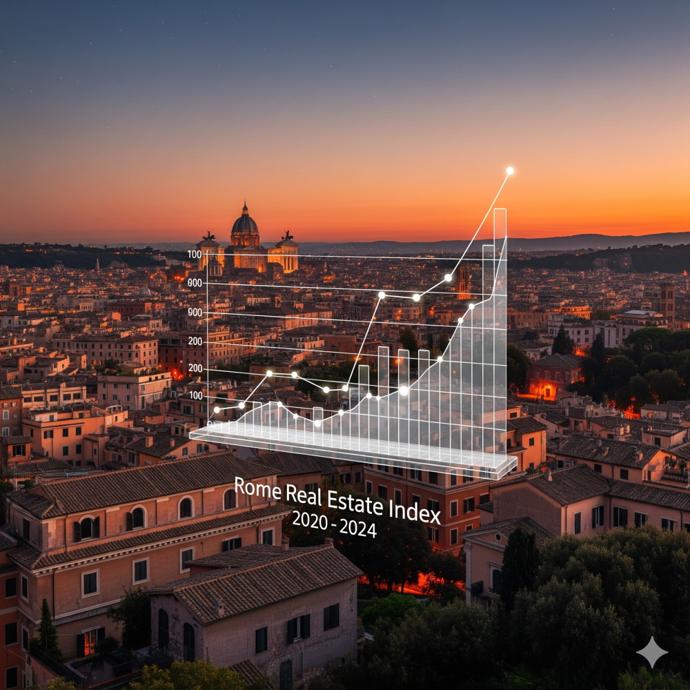 Vista panoramica di Roma con quartieri residenziali e un grafico moderno dei prezzi immobiliari, stile elegante e professionale