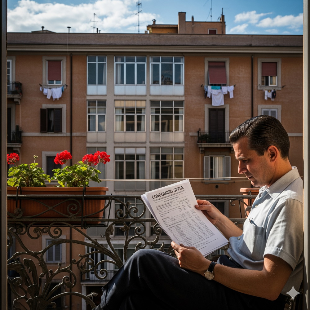 Un condomino a Roma che legge un bilancio condominiale in formato cartaceo, con sullo sfondo un palazzo storico romano in stile anni '60. Immagine realistica e professionale.