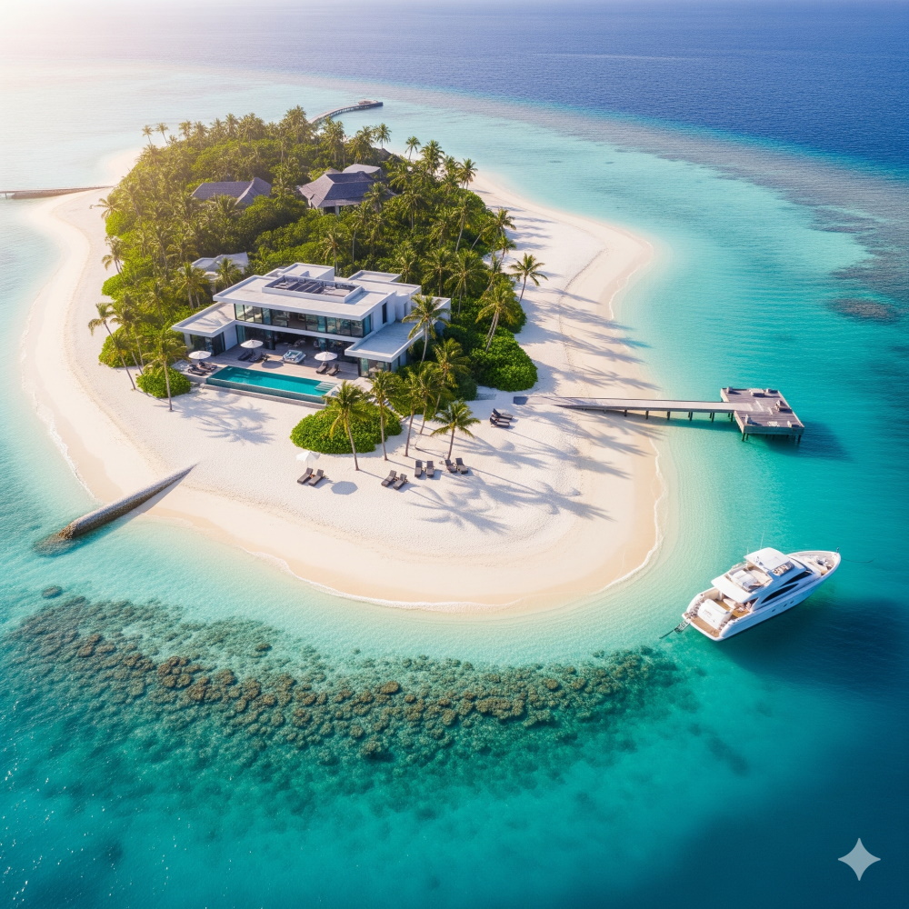 Veduta aerea di un’isola privata tropicale con mare cristallino, spiaggia bianca e villa moderna, atmosfera di lusso esclusivo.
