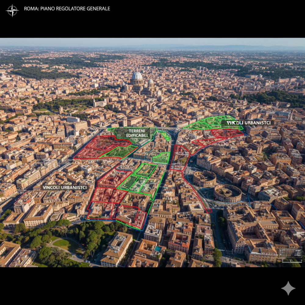 Vista panoramica di Roma con evidenza di terreni edificabili e vincoli urbanistici, stile realistico e professionale.