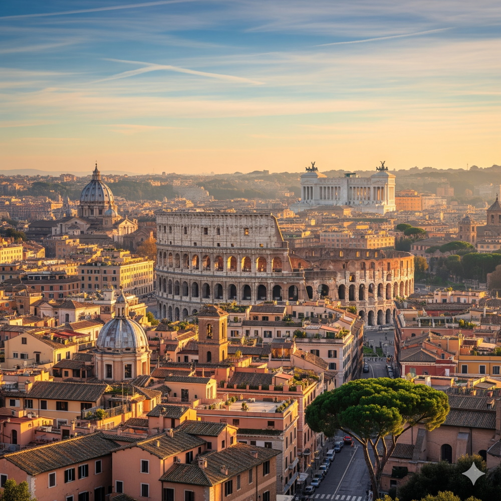 Panorama di Roma con vista su Colosseo e centro storico, confronto ideale con il concetto di lusso immobiliare rispetto alle isole private.