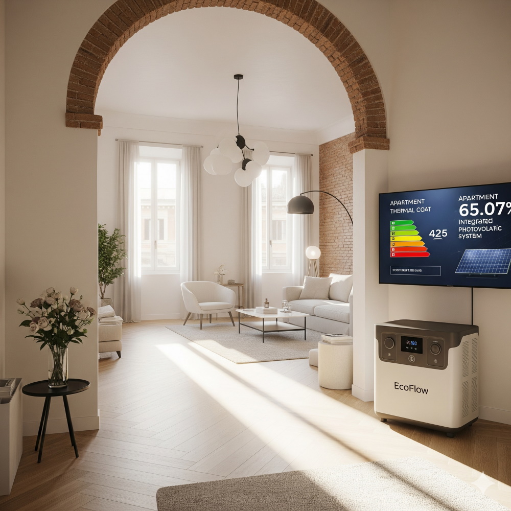 Interno di un appartamento romano ristrutturato con cappotto termico e impianto fotovoltaico con sistema di accumulo EcoFlow, ambiente luminoso e moderno