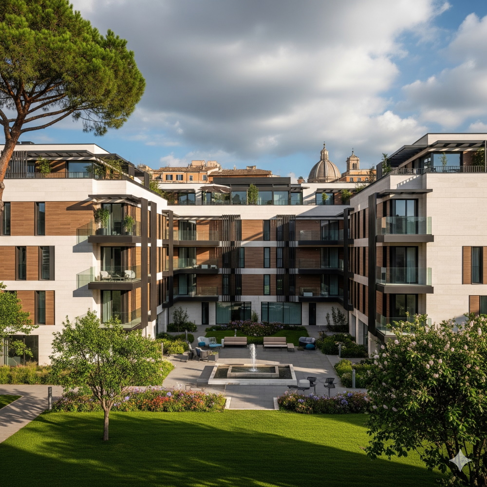 Esterno moderno di un complesso residenziale di nuova costruzione a Roma, con facciate contemporanee e spazi verdi, stile realistico e professionale.