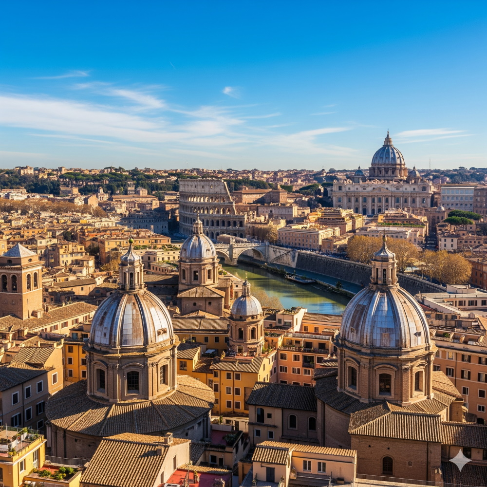 Veduta panoramica di Roma al tramonto, con evidenza di quartieri centrali e periferici, immobili residenziali moderni e storici, atmosfera calda e professionale, stile fotografico realistico.