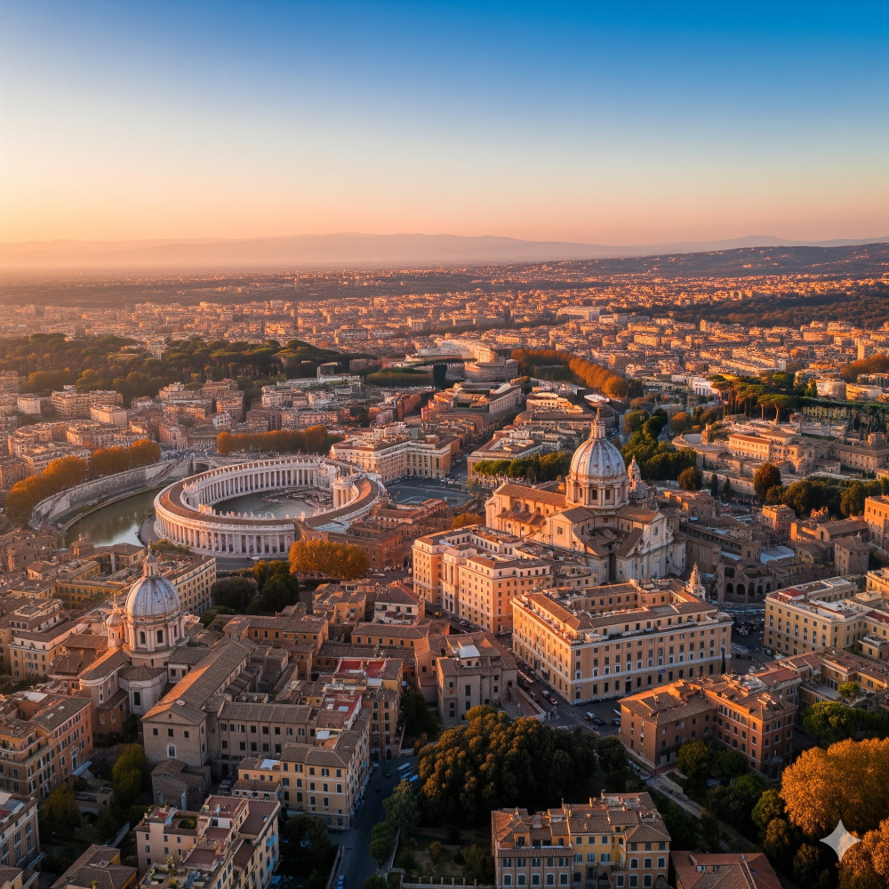 Immagine panoramica di Roma dall’alto al tramonto, evidenziando quartieri centrali e periferici, con immobili storici e moderni, atmosfera calda e professionale, stile fotografico realistico.