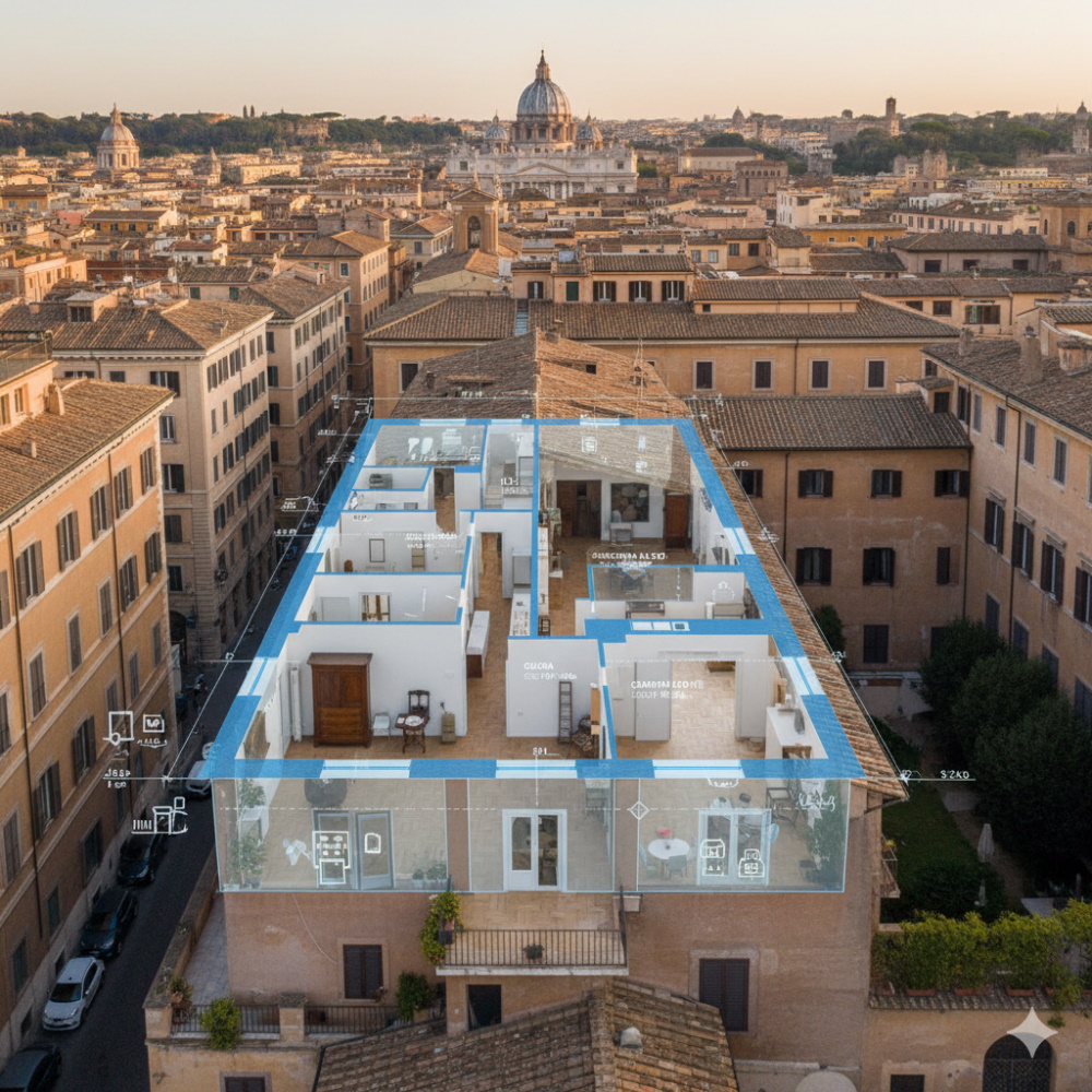 Vista dall’alto di un appartamento romano con planimetria in overlay digitale, stile realistico e professionale, contesto urbano di Roma.
