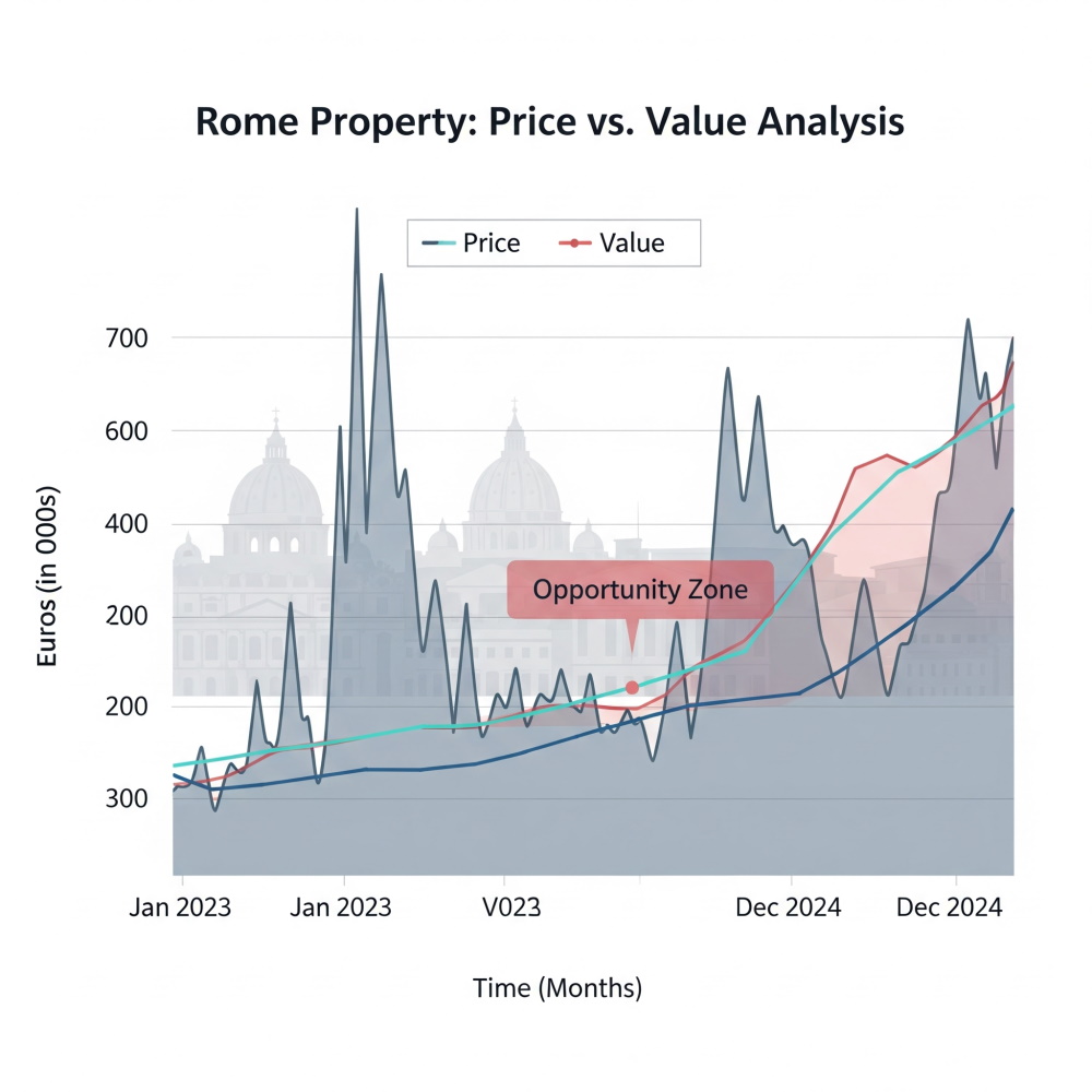 Grafico moderno che illustra la differenza tra prezzo e valore di un immobile a Roma, stile professionale, colori neutri.