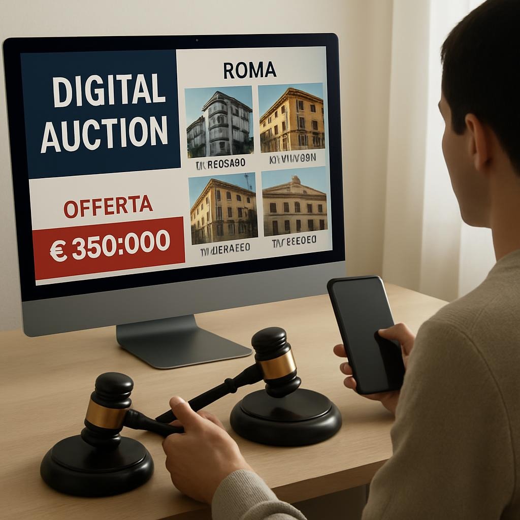 Acquirente a casa che partecipa a un’asta digitale, con monitor che mostra immobili in vendita a Roma, stile moderno e professionale