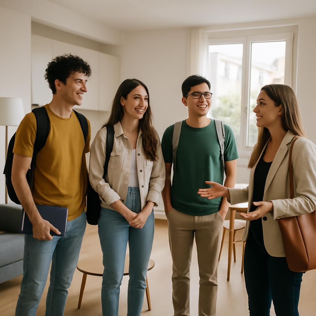 Giovani studenti e professionisti che visitano un appartamento in affitto a Roma, interno moderno e semplice, contesto realistico.