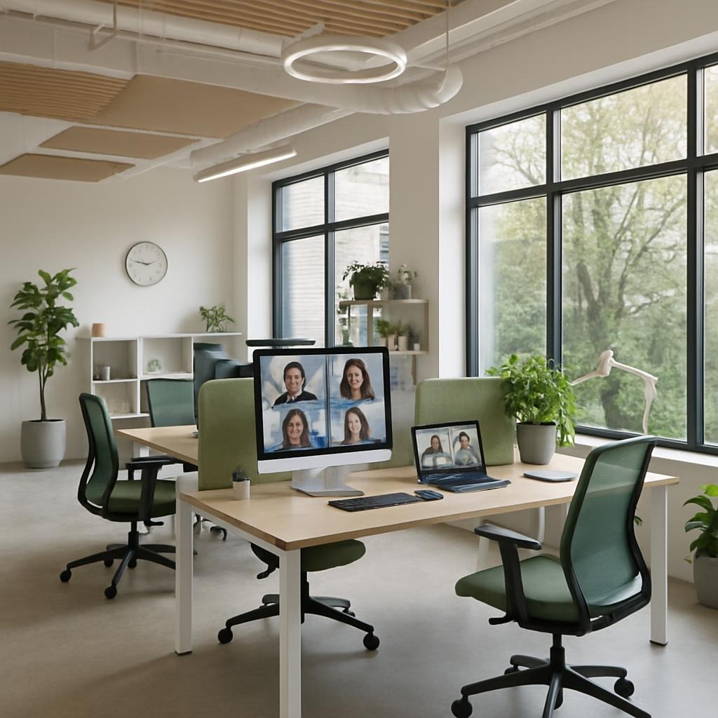 Interno di un ufficio moderno e sostenibile, con tecnologie digitali per il lavoro ibrido, design luminoso e arredamento funzionale.